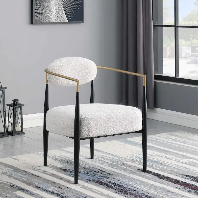 Plush Boucle Dining Chair with Thick Cushion and Elegant Metal Frame for Living Room 35