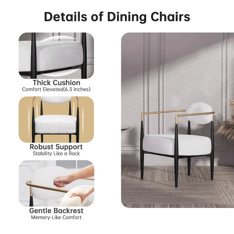 Plush Boucle Dining Chair with Thick Cushion and Elegant Metal Frame for Living Room 17