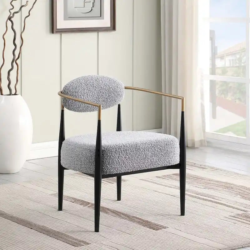 Plush Boucle Dining Chair with Thick Cushion and Elegant Metal Frame for Living Room 25