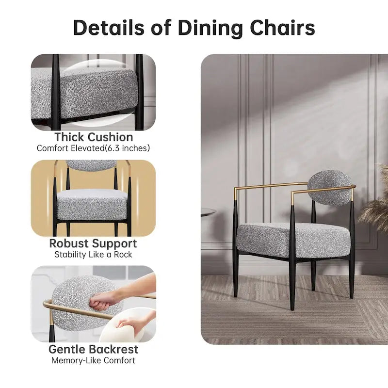 Plush Boucle Dining Chair with Thick Cushion and Elegant Metal Frame for Living Room 26