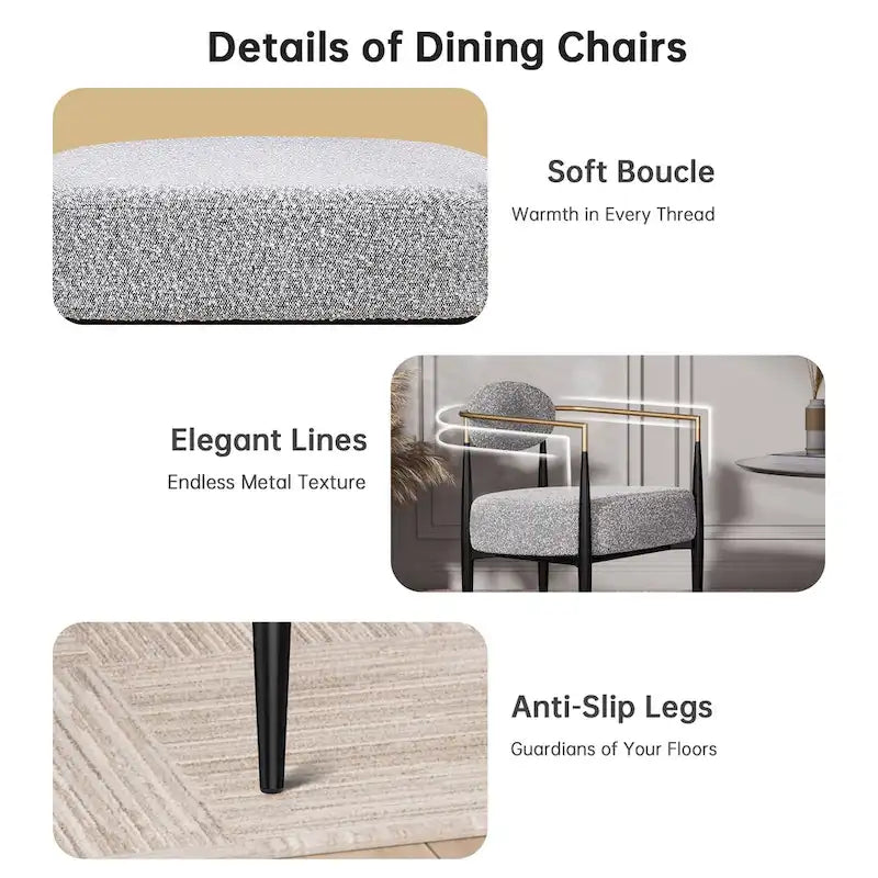 Plush Boucle Dining Chair with Thick Cushion and Elegant Metal Frame for Living Room 27