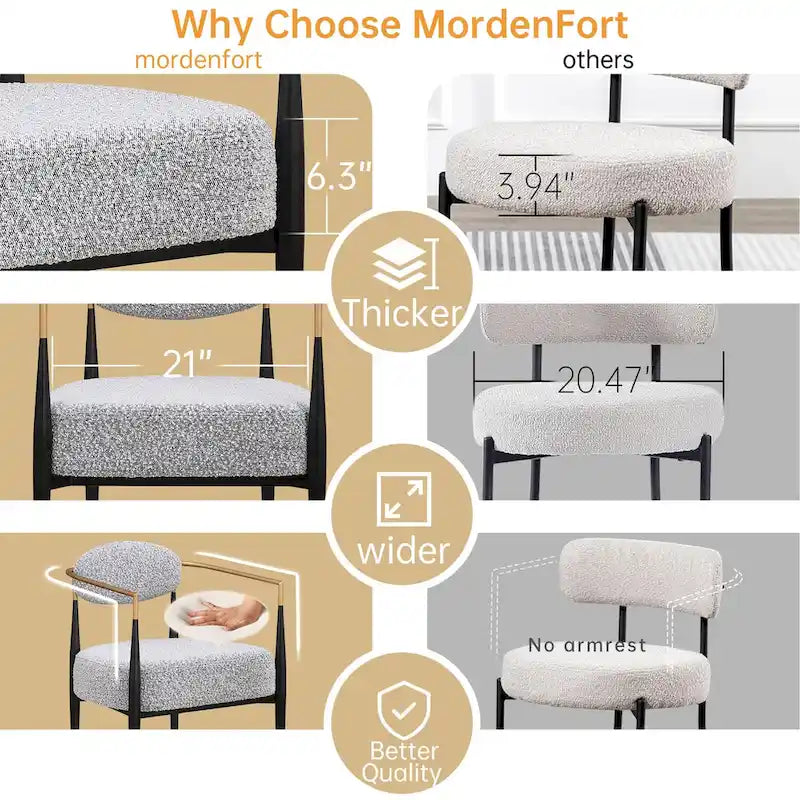 Plush Boucle Dining Chair with Thick Cushion and Elegant Metal Frame for Living Room 28