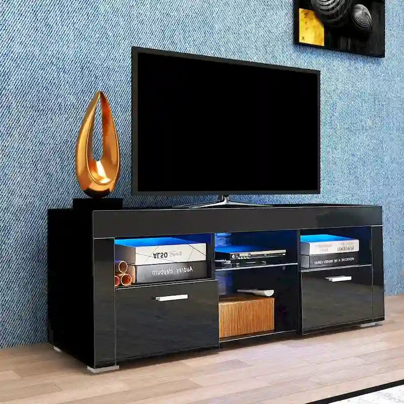 Contemporary LED TV Stand Media Console with Illuminated Features - High Gloss Finish, 51L x 14W x 16H inches 2