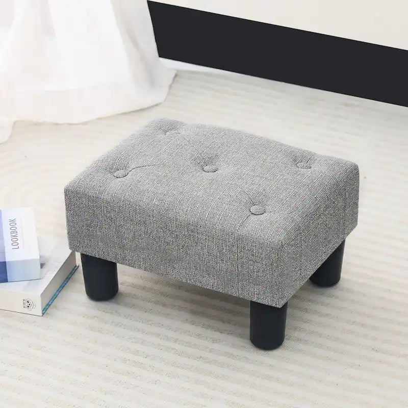 Adeco Rectangular Small Ottoman - Button Tufted Linen Foot Stool 22