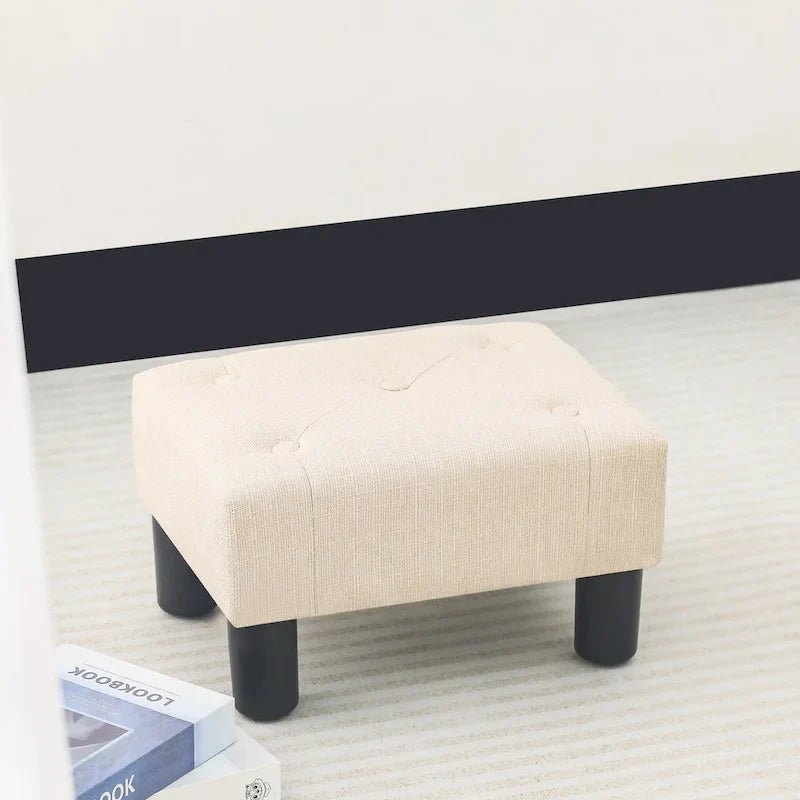 Adeco Rectangular Small Ottoman - Button Tufted Linen Foot Stool 4