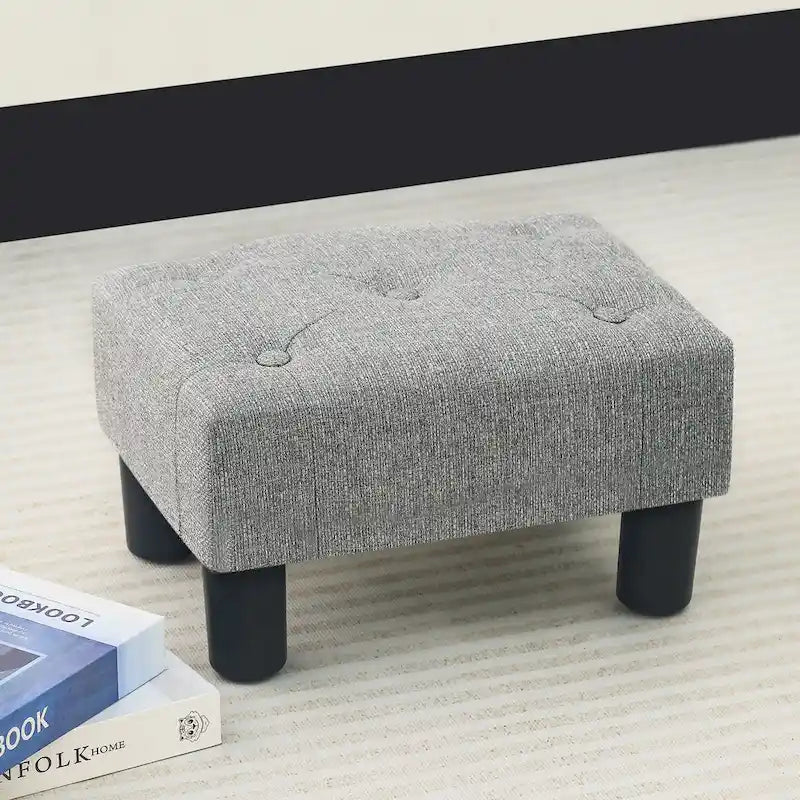 Adeco Rectangular Small Ottoman - Button Tufted Linen Foot Stool 6
