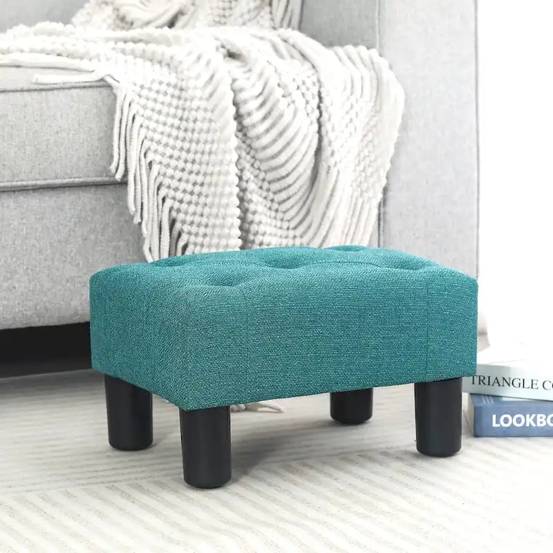 Adeco Rectangular Small Ottoman - Button Tufted Linen Foot Stool 15