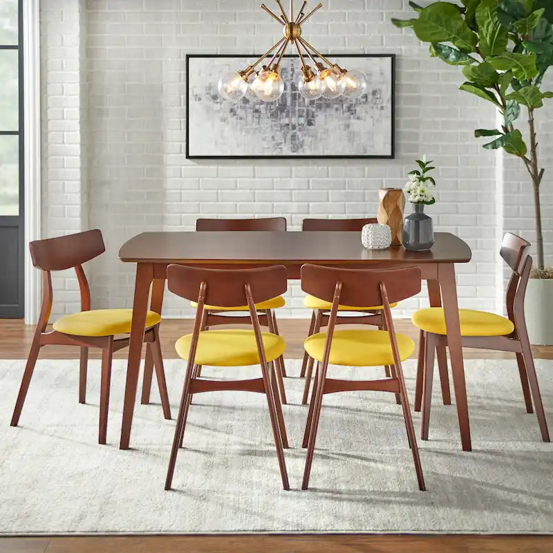 Mid Century Dining Table Set with 6 Upholstered Chairs and Wooden Frame 24