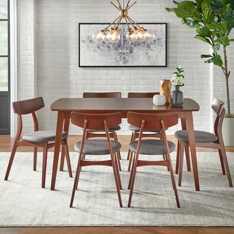 Mid Century Dining Table Set with 6 Upholstered Chairs and Wooden Frame 27
