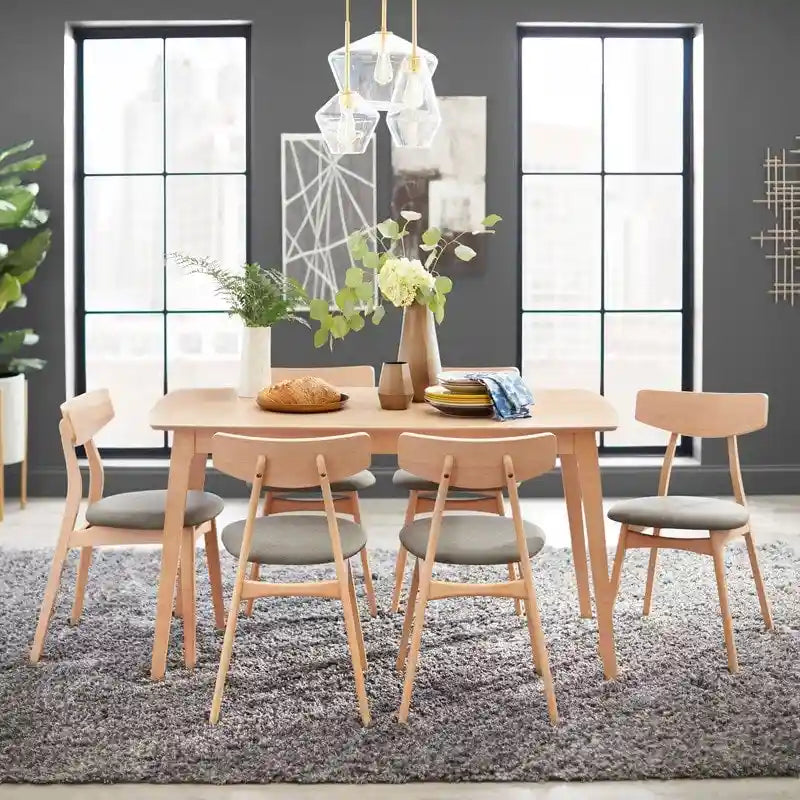 Mid Century Dining Table Set with 6 Upholstered Chairs and Wooden Frame