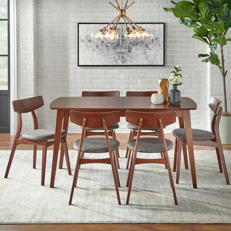 Mid Century Dining Table Set with 6 Upholstered Chairs and Wooden Frame