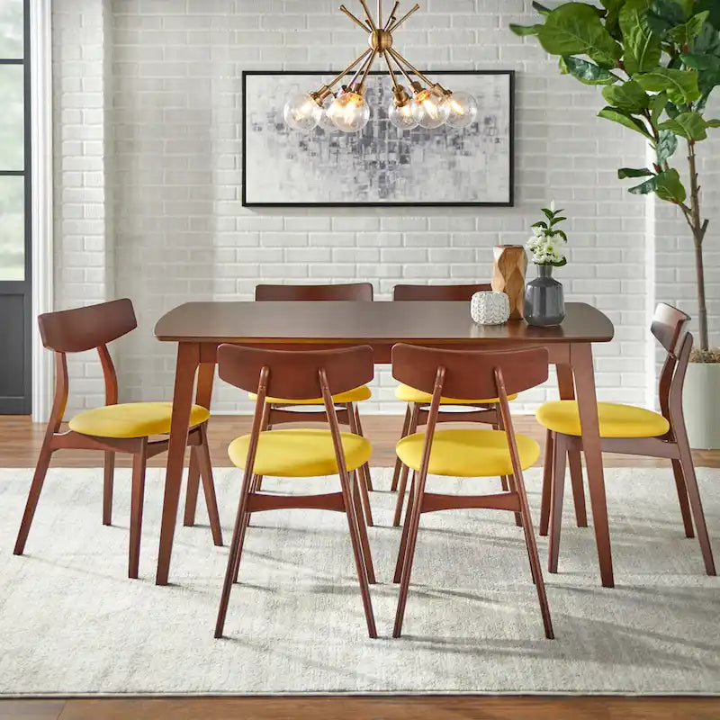 Mid Century Dining Table Set with 6 Upholstered Chairs and Wooden Frame 4
