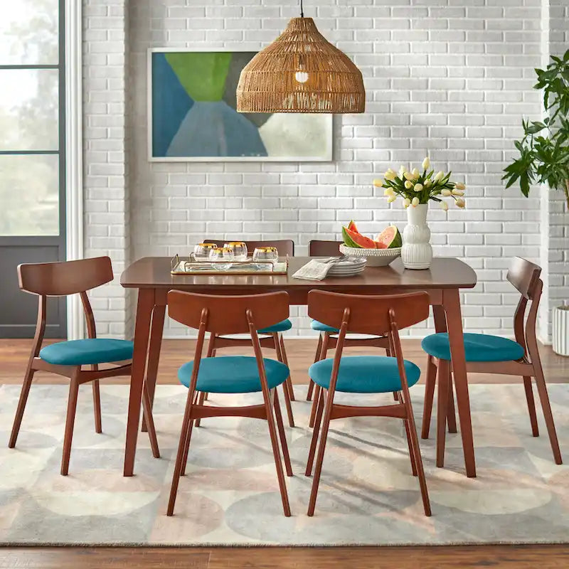 Mid Century Dining Table Set with 6 Upholstered Chairs and Wooden Frame 5