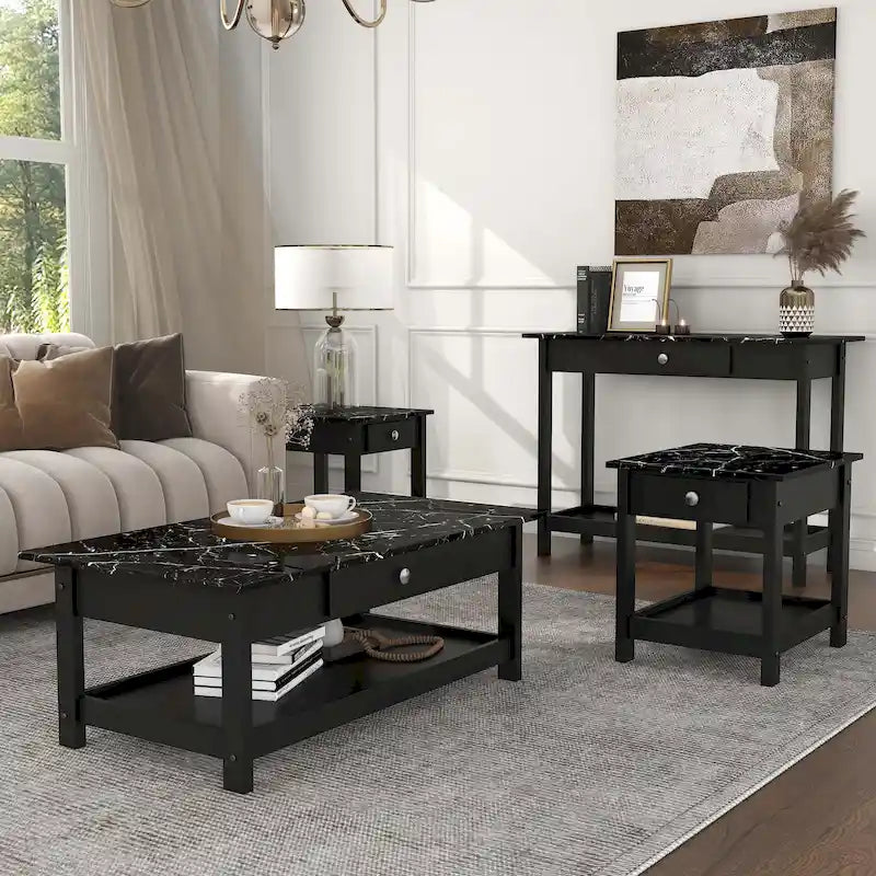 Denhour DH BASIC 4-Piece Open-Shelf Coffee Table Set with Drawer in Transitional Rubberwood 37