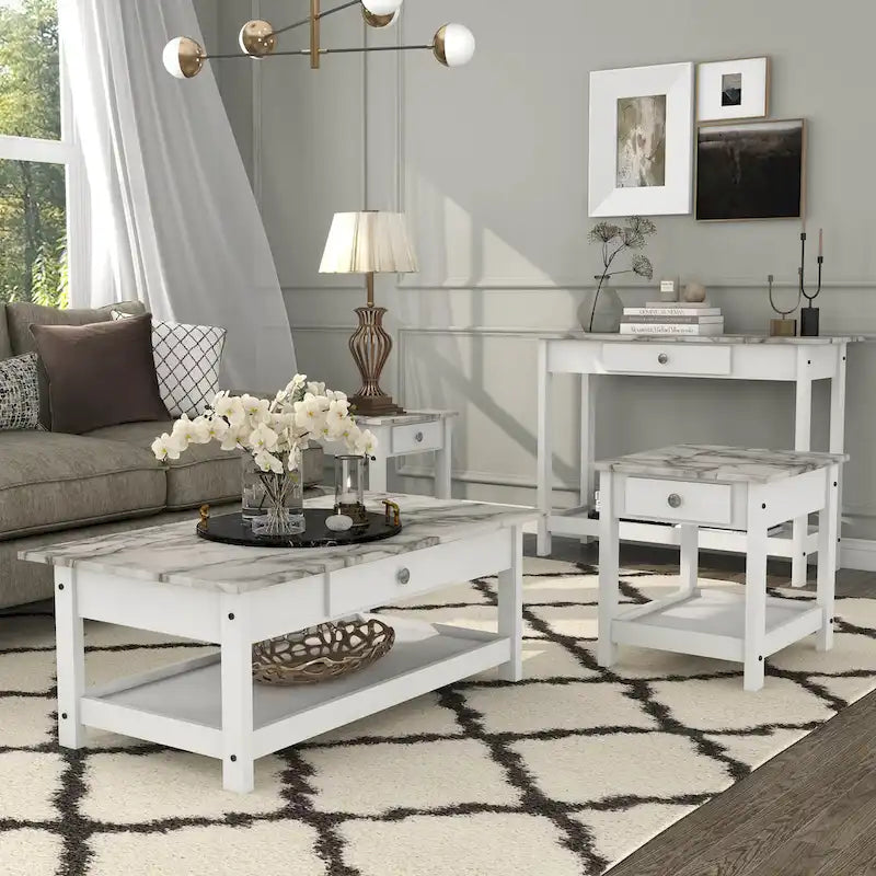 Denhour DH BASIC 4-Piece Open-Shelf Coffee Table Set with Drawer in Transitional Rubberwood 2
