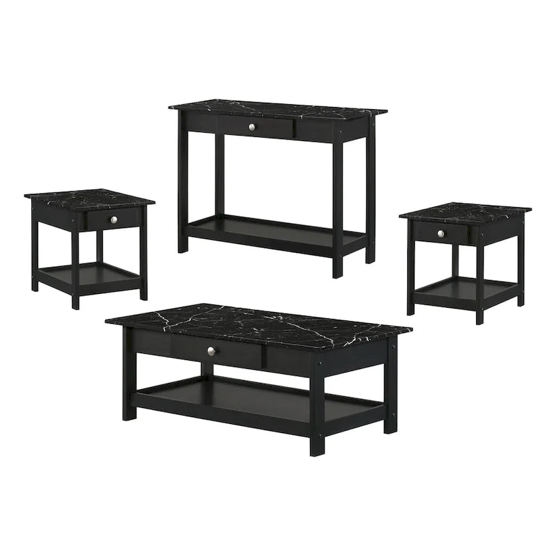 Denhour DH BASIC 4-Piece Open-Shelf Coffee Table Set with Drawer in Transitional Rubberwood 5