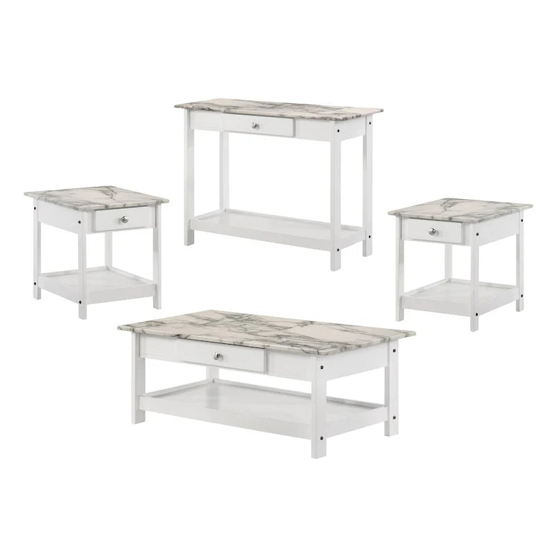Denhour DH BASIC 4-Piece Open-Shelf Coffee Table Set with Drawer in Transitional Rubberwood 6