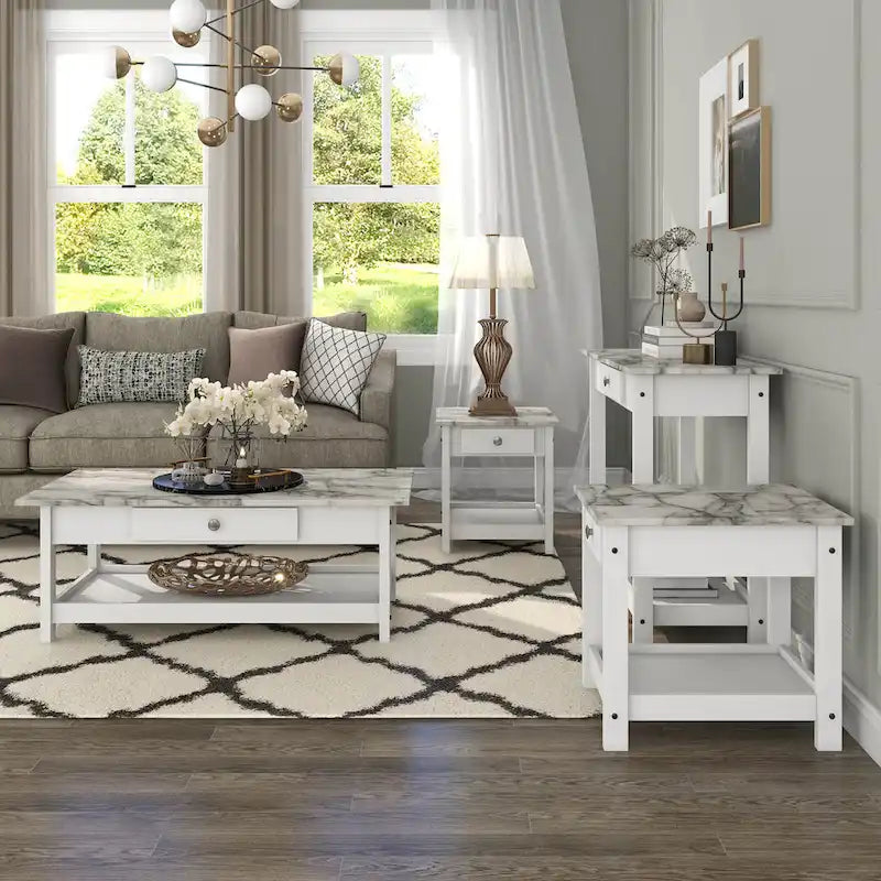 Denhour DH BASIC 4-Piece Open-Shelf Coffee Table Set with Drawer in Transitional Rubberwood 10