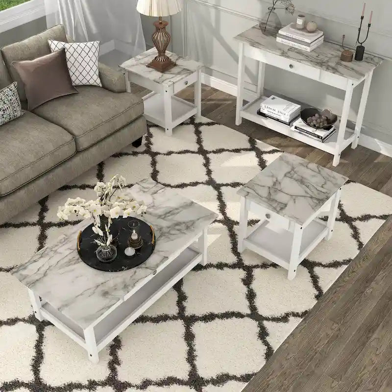 Denhour DH BASIC 4-Piece Open-Shelf Coffee Table Set with Drawer in Transitional Rubberwood 11