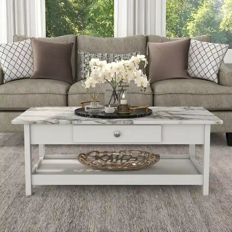 Denhour DH BASIC 4-Piece Open-Shelf Coffee Table Set with Drawer in Transitional Rubberwood 12