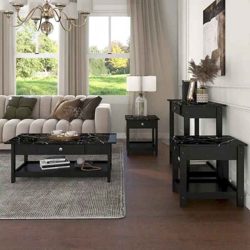 Denhour DH BASIC 4-Piece Open-Shelf Coffee Table Set with Drawer in Transitional Rubberwood 25