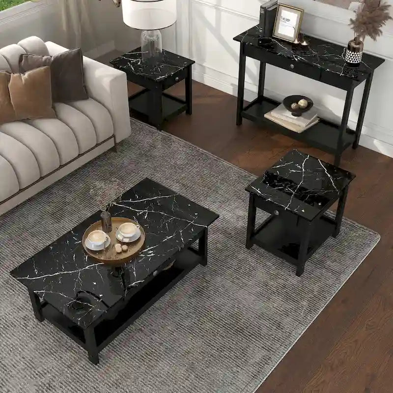 Denhour DH BASIC 4-Piece Open-Shelf Coffee Table Set with Drawer in Transitional Rubberwood 26