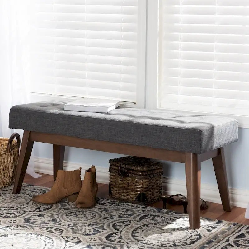 Mid Century Upholstered Bench with Tufted Seat and Wooden Legs 5