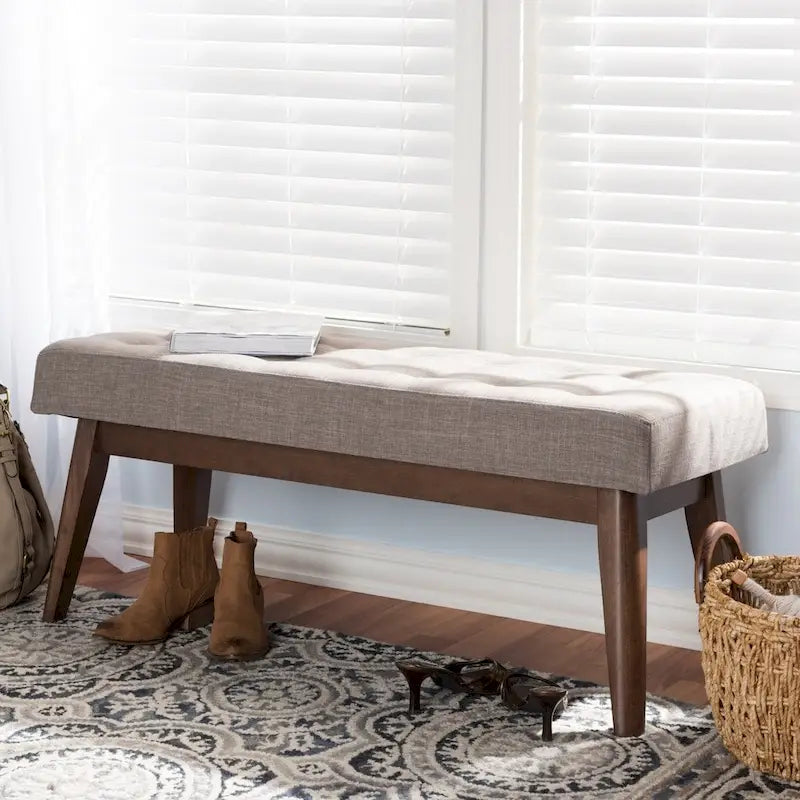 Mid Century Upholstered Bench with Tufted Seat and Wooden Legs 6