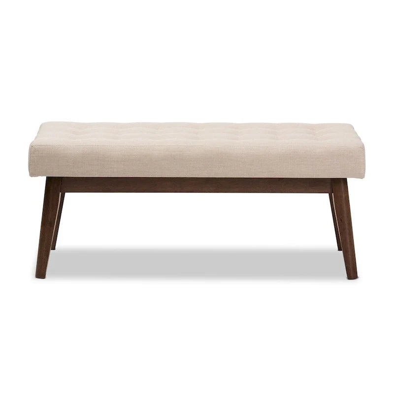 Mid Century Upholstered Bench with Tufted Seat and Wooden Legs 7