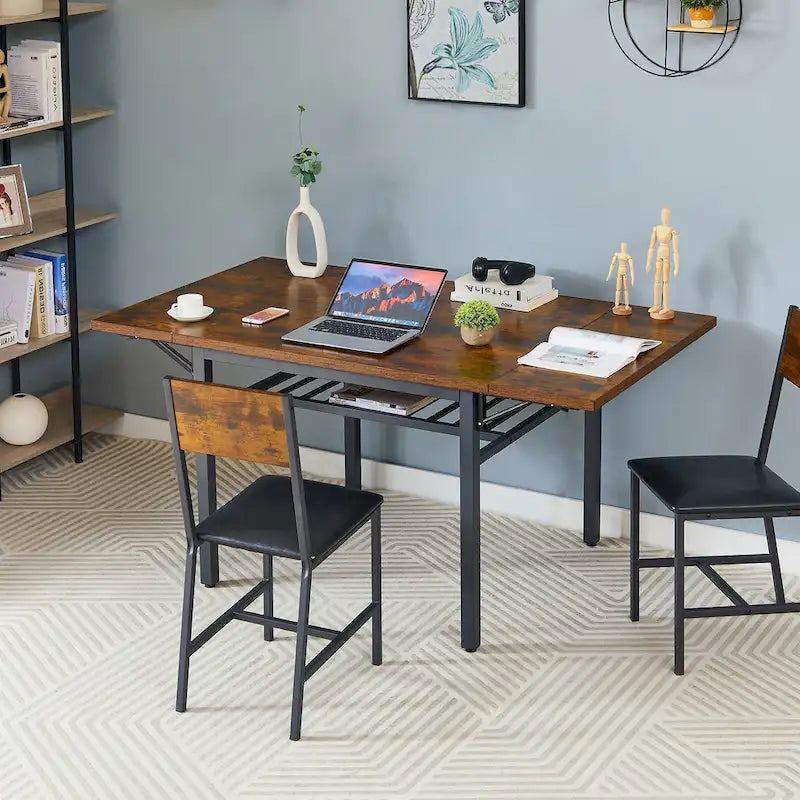 Extendable Drop Leaf Dining Table with Folding Sides and Metal Frame 4