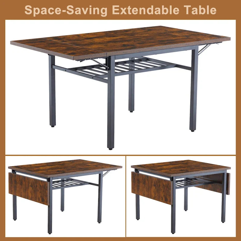 Contemporary Industrial 63.2" Extendable Dining Table with Drop Leaf, Accommodates 6 16