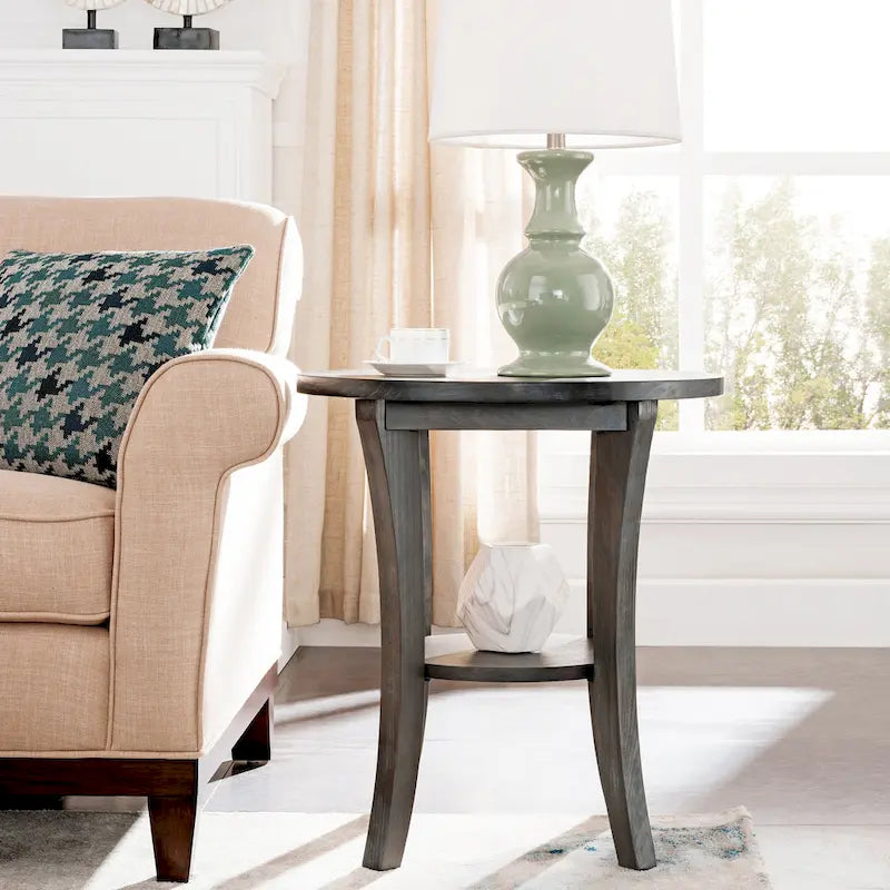 Round Side Table with Shelf and Solid Wood Construction