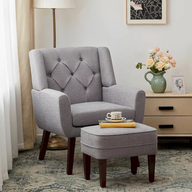 HUIMO Fabric Accent Chair and Ottoman Set - Available in Grey, Beige, Blue, and Dark Teal 32