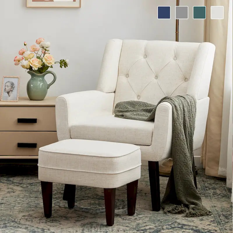 HUIMO Fabric Accent Chair and Ottoman Set - Available in Grey, Beige, Blue, and Dark Teal 1