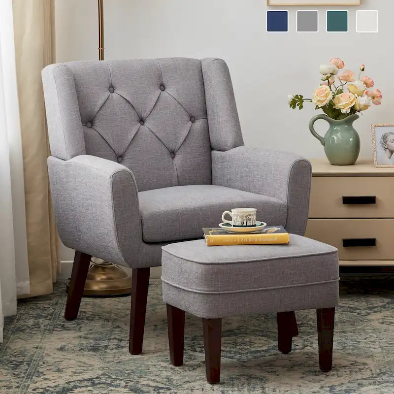 HUIMO Fabric Accent Chair and Ottoman Set - Available in Grey, Beige, Blue, and Dark Teal 4