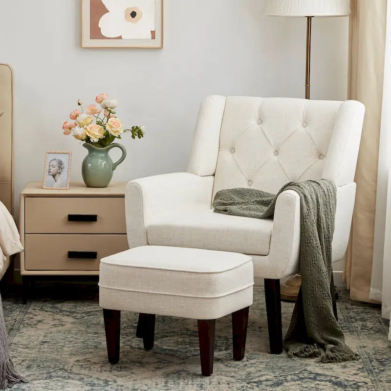 HUIMO Fabric Accent Chair and Ottoman Set - Available in Grey, Beige, Blue, and Dark Teal 6