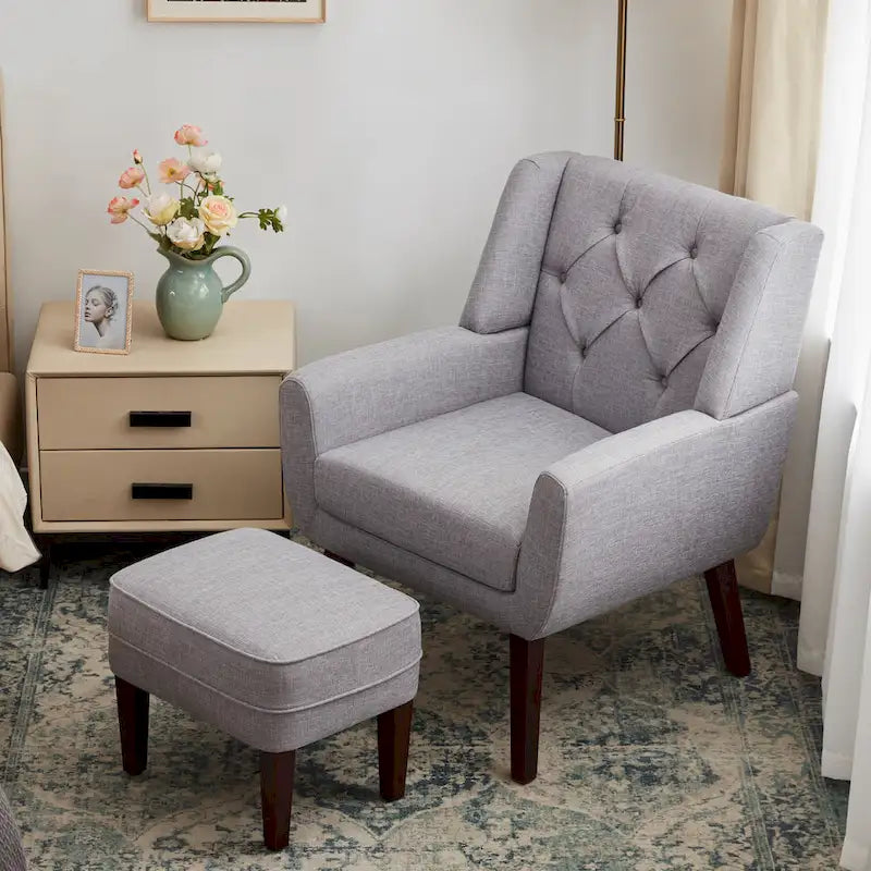HUIMO Fabric Accent Chair and Ottoman Set - Available in Grey, Beige, Blue, and Dark Teal 24
