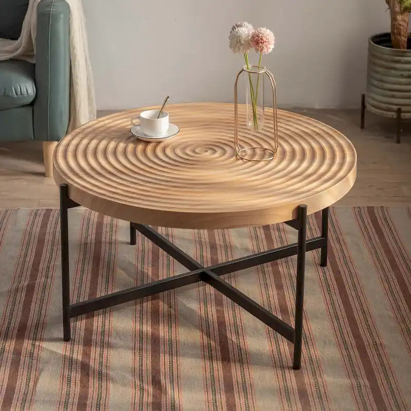 Contemporary Round Coffee Table with Cross-Leg Metal Base and Threaded Design 1