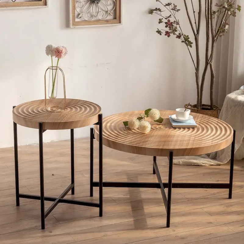 Contemporary Round Coffee Table with Cross-Leg Metal Base and Threaded Design 3