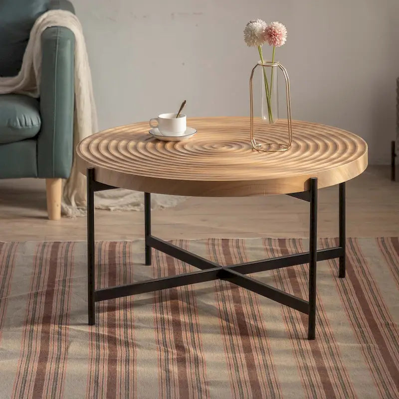 Contemporary Round Coffee Table with Cross-Leg Metal Base and Threaded Design 4