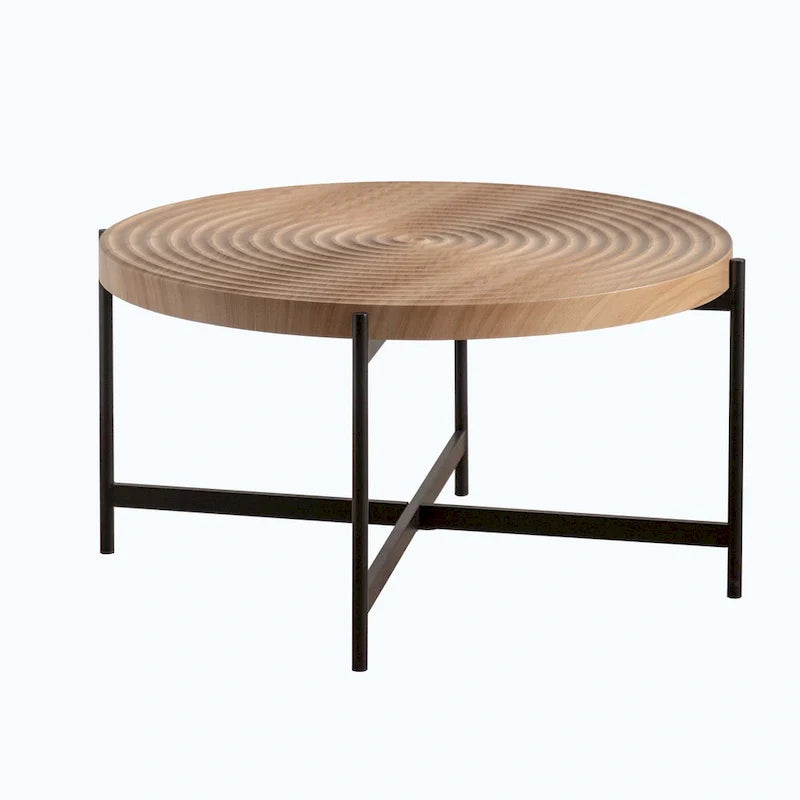 Contemporary Round Coffee Table with Cross-Leg Metal Base and Threaded Design 5