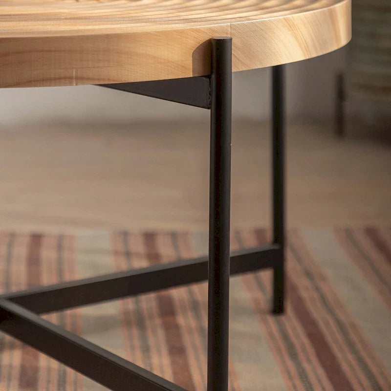 Contemporary Round Coffee Table with Cross-Leg Metal Base and Threaded Design 6