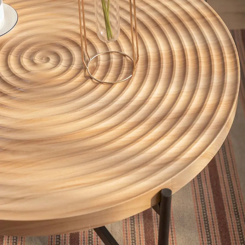 Contemporary Round Coffee Table with Cross-Leg Metal Base and Threaded Design 11
