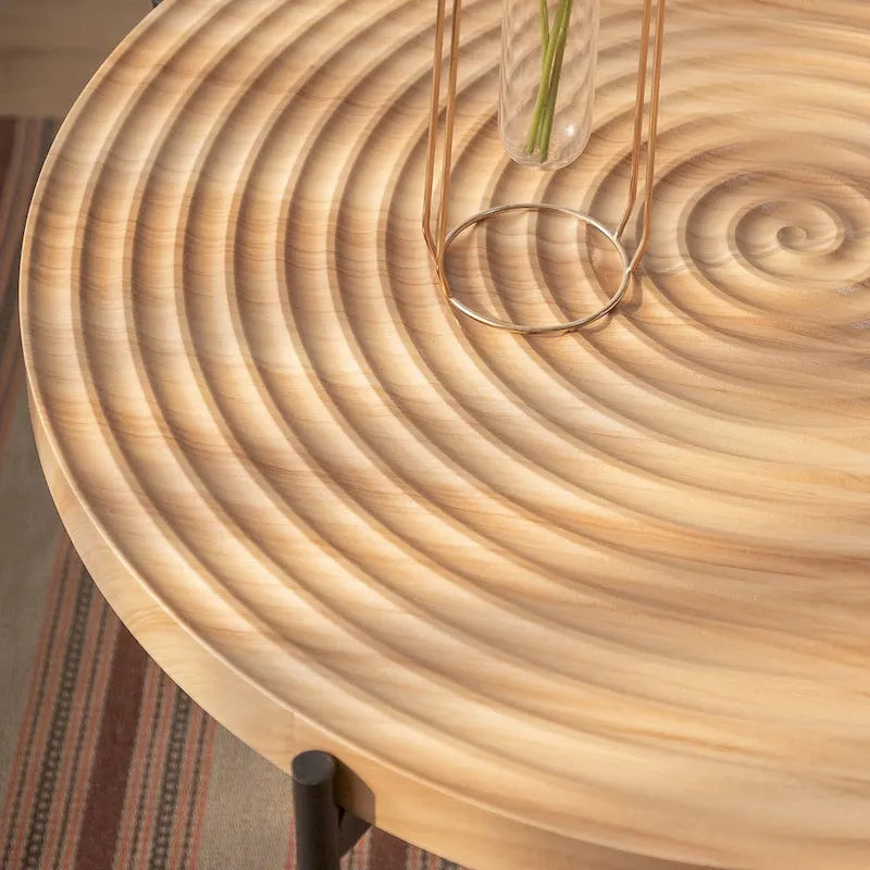Contemporary Round Coffee Table with Cross-Leg Metal Base and Threaded Design 12
