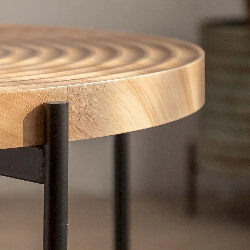 Contemporary Round Coffee Table with Cross-Leg Metal Base and Threaded Design 13
