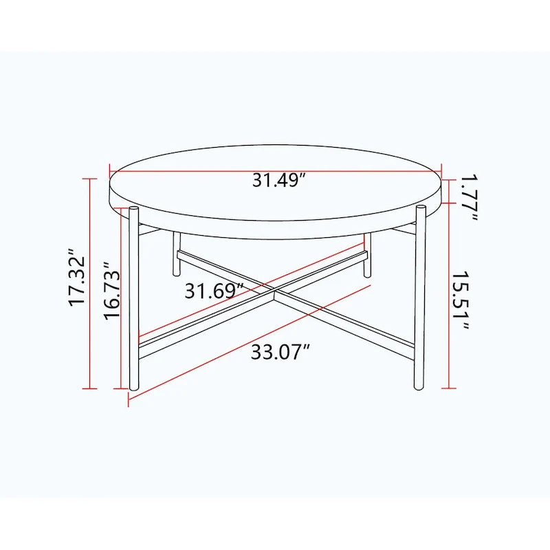 Contemporary Round Coffee Table with Cross-Leg Metal Base and Threaded Design 14
