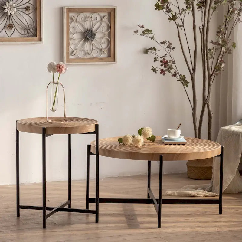 Contemporary Round Coffee Table with Cross-Leg Metal Base and Threaded Design 15