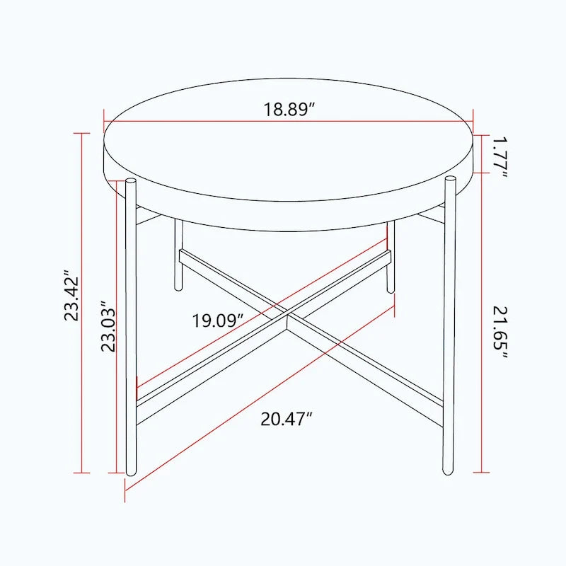 Contemporary Round Coffee Table with Cross-Leg Metal Base and Threaded Design 19