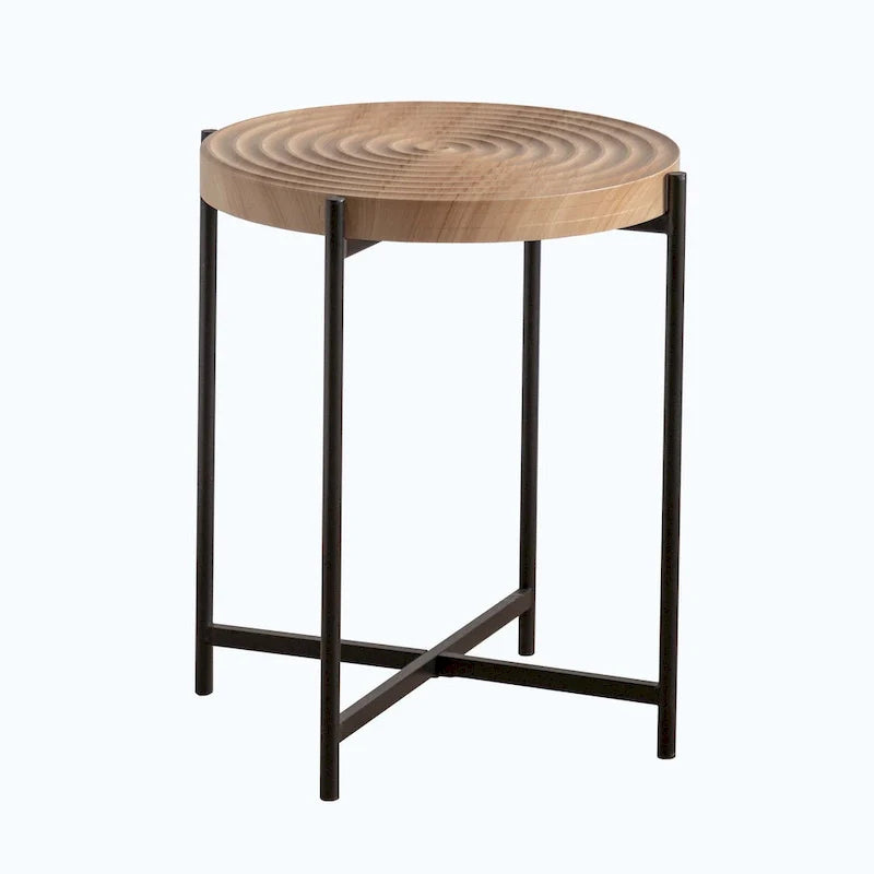 Contemporary Round Coffee Table with Cross-Leg Metal Base and Threaded Design 21