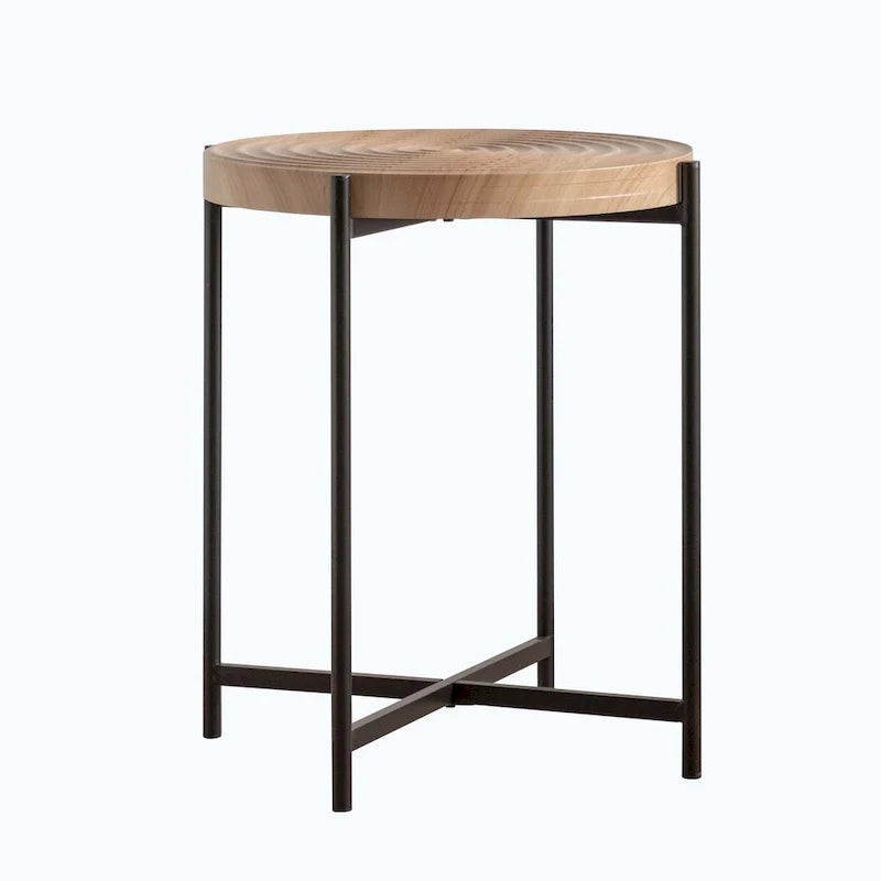 Contemporary Round Coffee Table with Cross-Leg Metal Base and Threaded Design 22